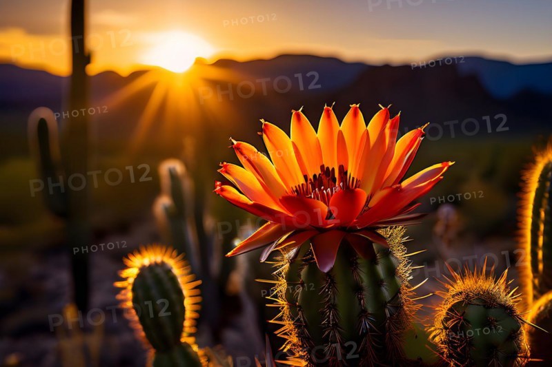 Saguaro cactus with vibrant flower in full bloom in early morning light, AI generated