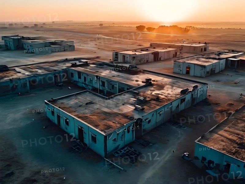 Aerial view of deserted military base featuring empty barracks and abandoned tanks in silent, AI generated