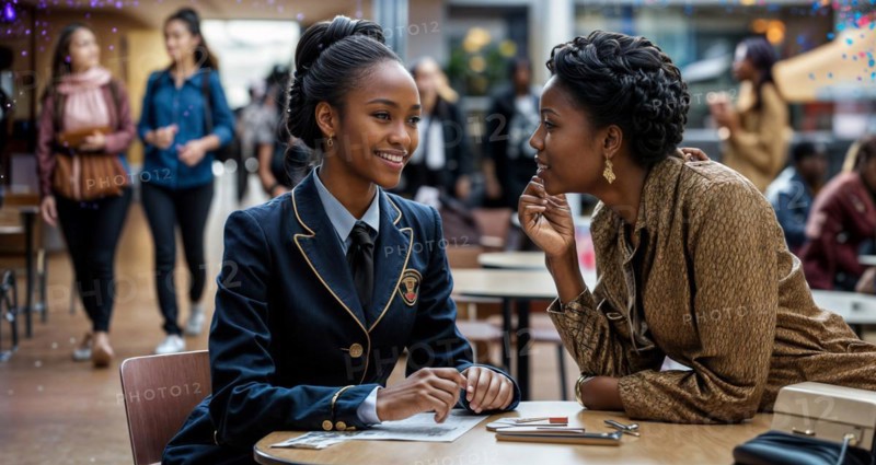 A woman in a school uniform having a focused discussion with a mentor, AI generated