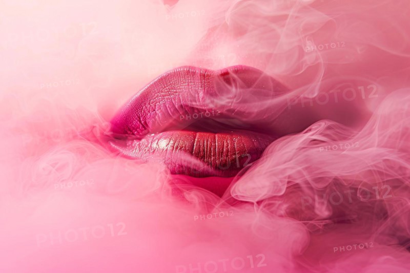 Close up of woman's lips surrounded by pink smoke. KI generiert, generiert, AI generated