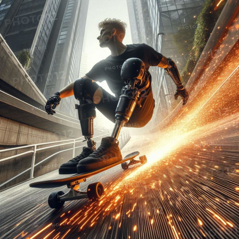 A skateboarder with cybernetic limbs riding with speed and sparks in an urban setting, AI generated