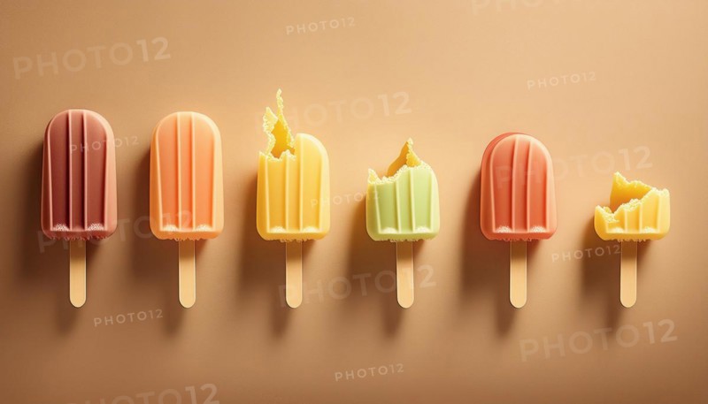 Soft pastel colored popsicles melting on a beige background, horizontal, AI generated