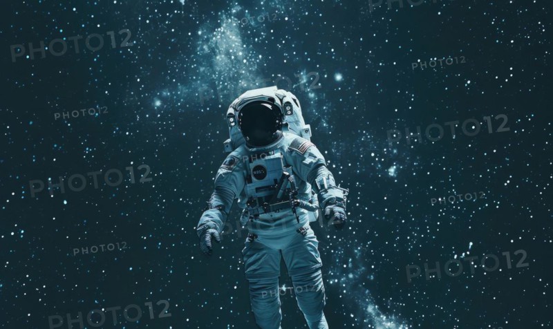 A monochrome image of an astronaut in space with a blue tint, symbolizing exploration AI generated
