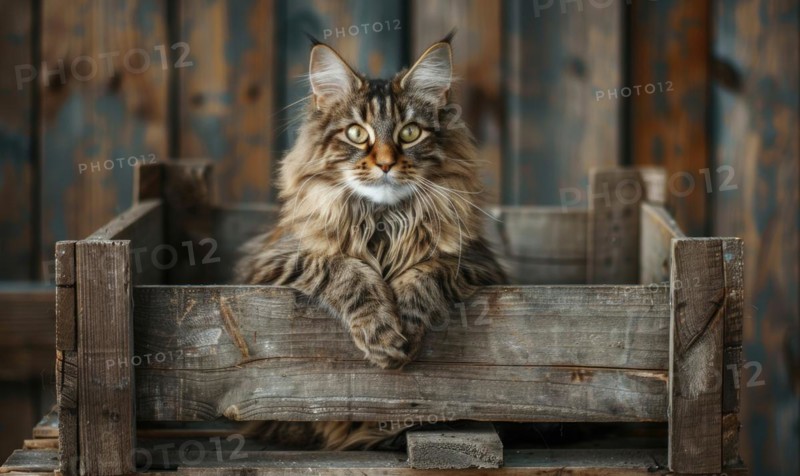 Maine Coon cat sitting proudly atop a rustic wooden crate AI generated