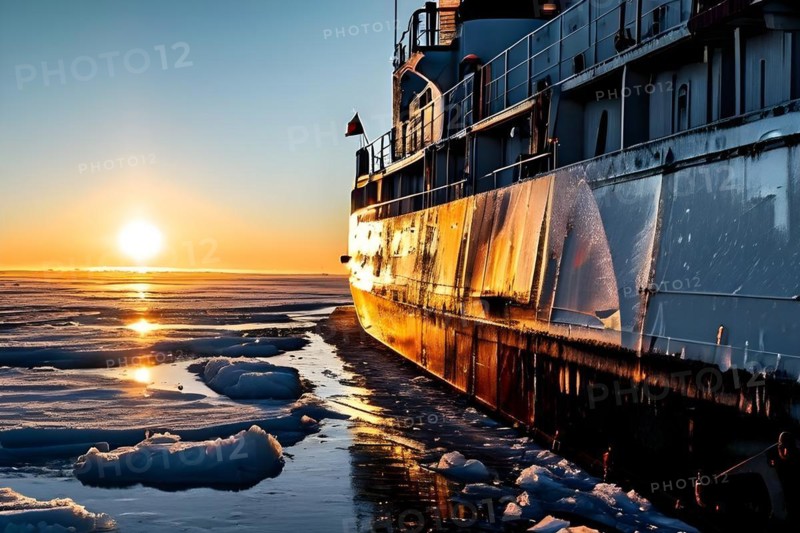 Icebreaker ship carving a path through thick ice of the polar region, AI generated