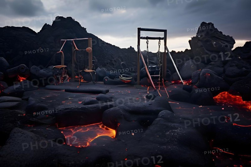 Lava destroying the remnants of a playground swings and slides emerging from hardened lava, AI generated