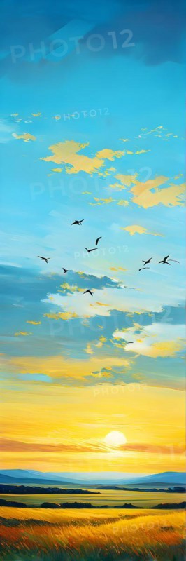 AI generated abstract painting of grasslands under a blazing sunset waves of greens