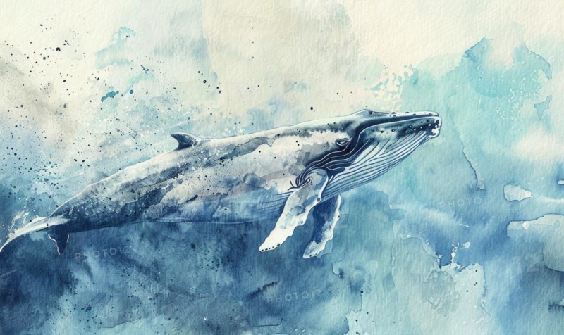 A peaceful watercolor painting of a whale diving into the depths of the ocean AI generated