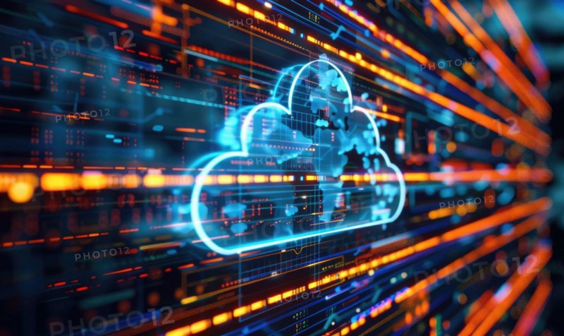Cloud computing background with server racks and digital data streams AI generated