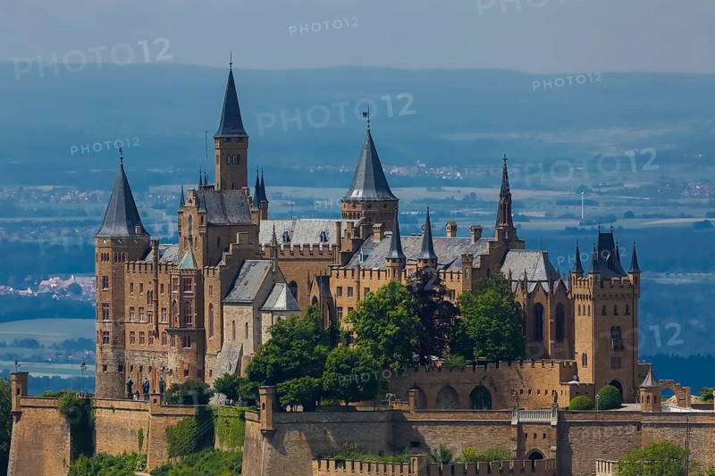 Hohenzollern Castle, ancestral castle of the princely dynasty and former ruling Prussian royal and German imperial house of Hohenzollern, summit castle, historical building by the Berlin architect Friedrich August Stueler, architecture, neo-Gothic, castle building, aristocratic residence, south view from the Zellerhorn, Bisingen, Zollernalbkreis, Baden-Wuerttemberg, Germany, Europe