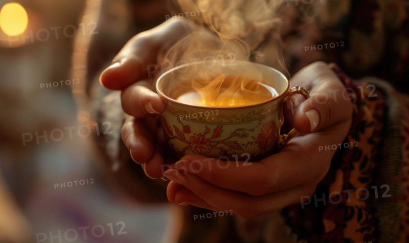 Hands holding a cup of steaming tea, close up view AI generated