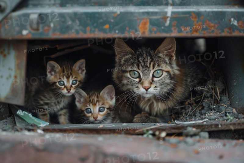 Stray cat with kittens hiding under object. KI generiert, generiert, AI generated