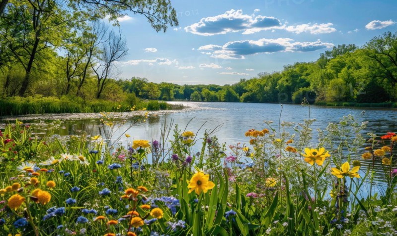 Springtime at the lake with blooming wildflowers and vibrant greenery AI generated