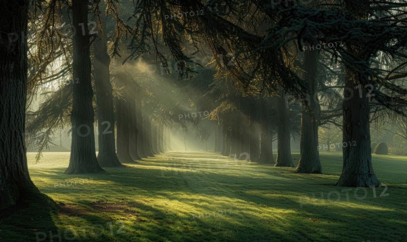 A cedar grove shrouded in mist, nature background AI generated