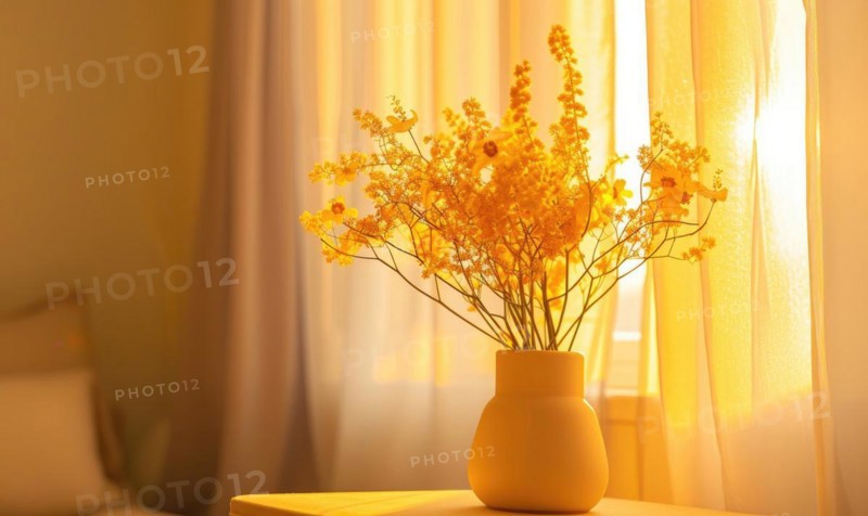 A cozy living room corner adorned with a vase of Mimosa flowers AI generated