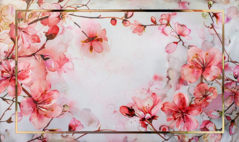 Thin golden frame on watercolor background, space for text AI generated