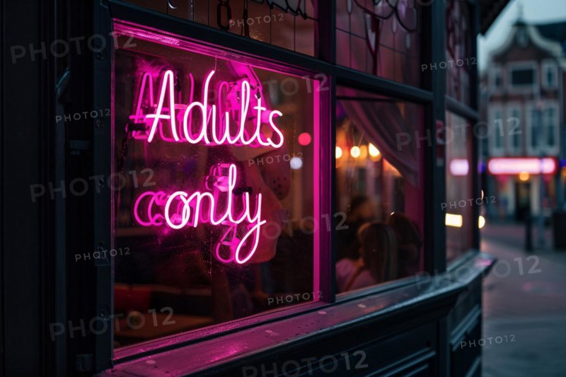 Glowing pink neon light 'Adults only' text hanging in window of bar at night. KI generiert, generiert, AI generated