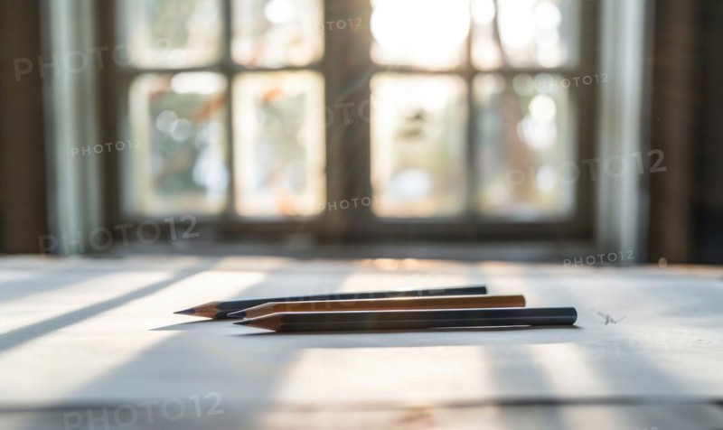 Graphite pencils and white paper illuminated by natural through a window AI generated
