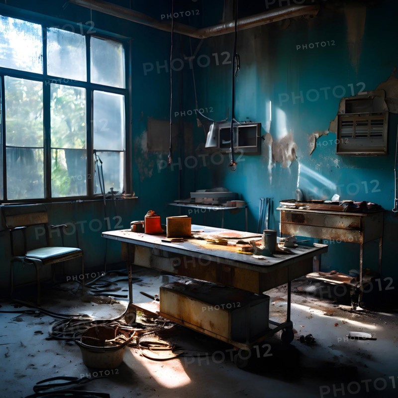 Deserted operating theater rusting surgical tools scattered on a surgical table, AI generated, hospital, damage, abandoned, ruin, decrepit
