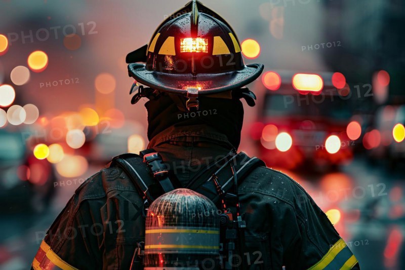 Back view of firefighter with helmet. KI generiert, generiert, AI generated