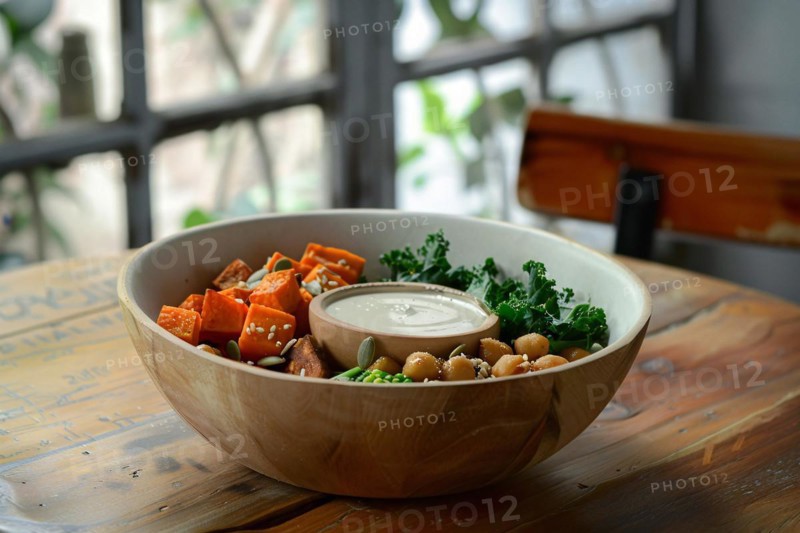 Wooden bowl filled with a healthy salad of sweet potatoes, chickpeas, and greens, AI generated
