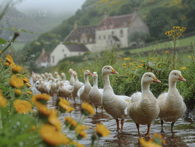 A row of geese in a flowering field with a foggy village in the background, AI generated, AI generated, AI generated