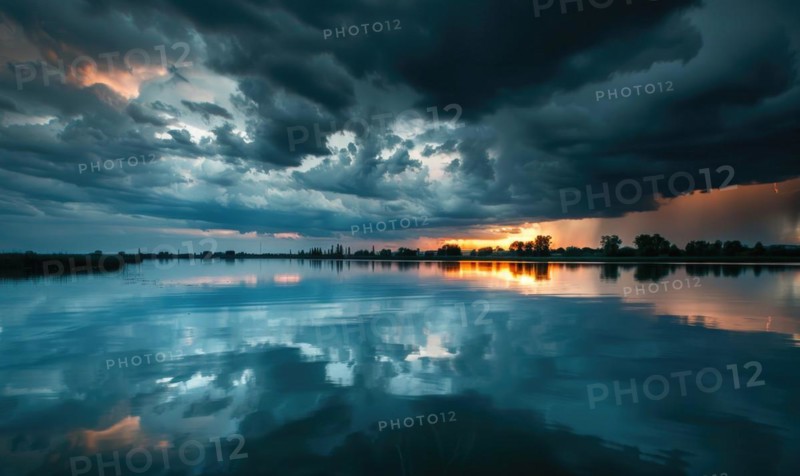 A dramatic stormy sky looming over the horizon, with dark clouds and flashes of lightning reflected in the waters of a lake AI generated