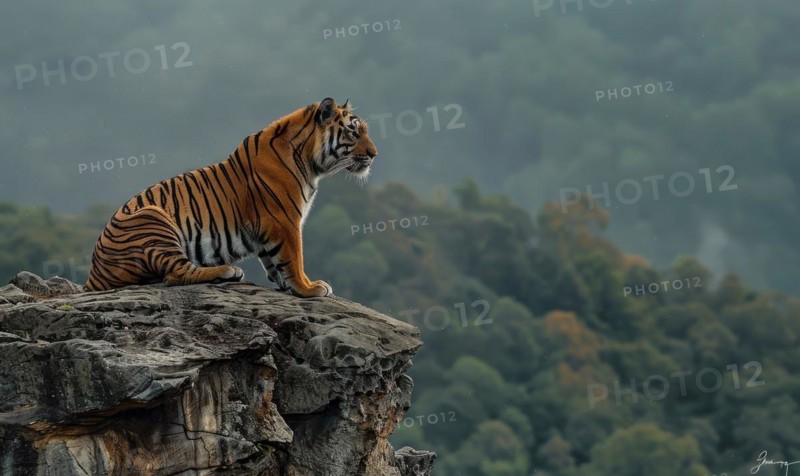 A Malayan tiger perched on a rocky ledge AI generated
