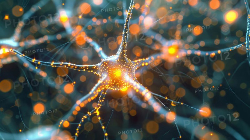 Digital render of a glowing neuron with complex synapse connections in orange tones, ai generated, AI generated