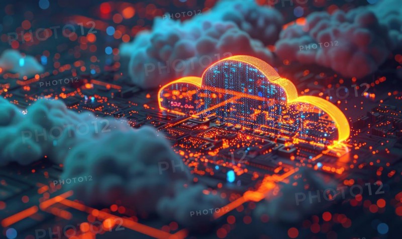 Cloud computing background with server racks and digital data streams AI generated