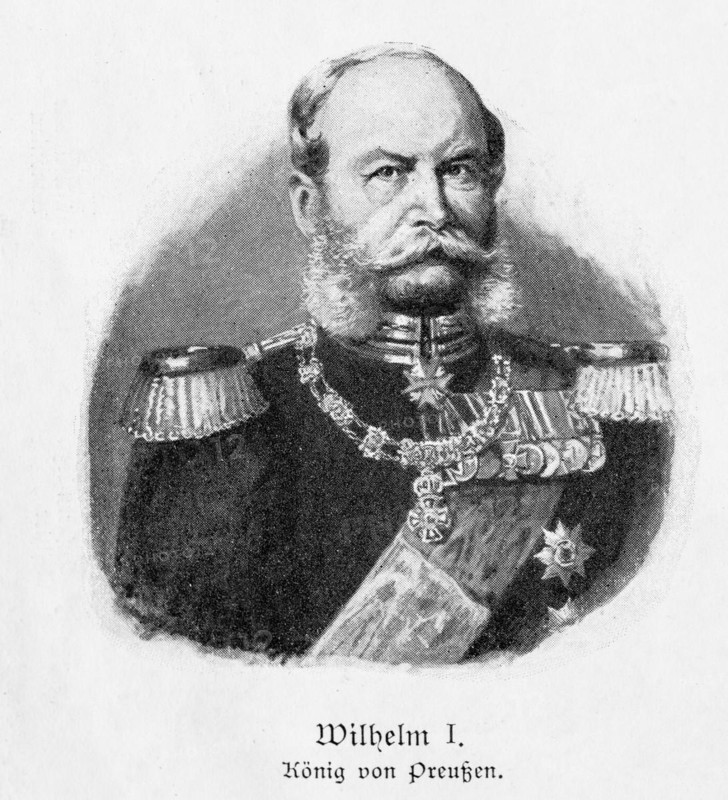 Wilhelm I, Wilhelm Friedrich Ludwig of Prussia, King of Prussia, first German Emperor, portrait of a man in military uniform with beard and many medals and decorations, expressive facial expression, black and white print with visible halftone dots, historical illustration from 'Zur Erinnerung an die Koeniglich Hannoversche Armee und ihre Stammtruppen', commemorative sheet for the celebration of 19 December 1903, Meisenbach, Riffarth & Co, Germany, Europe