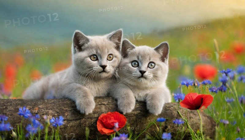 KI generated, animal, animals, mammal, mammals, cat, felidae (Felis catus), two kittens resting on a tree trunk, flower meadow, spring, summer