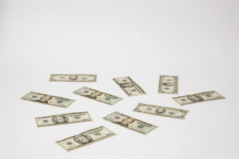 Close-up of US twenty dollar bills with portrait of Andrew Jackson on white background, Studio Composition, Quebec, Canada, North America