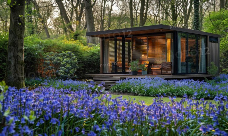 A serene modern wooden cabin surrounded by a lush carpet of bluebells and forget-me-nots in a peaceful spring garden AI generated