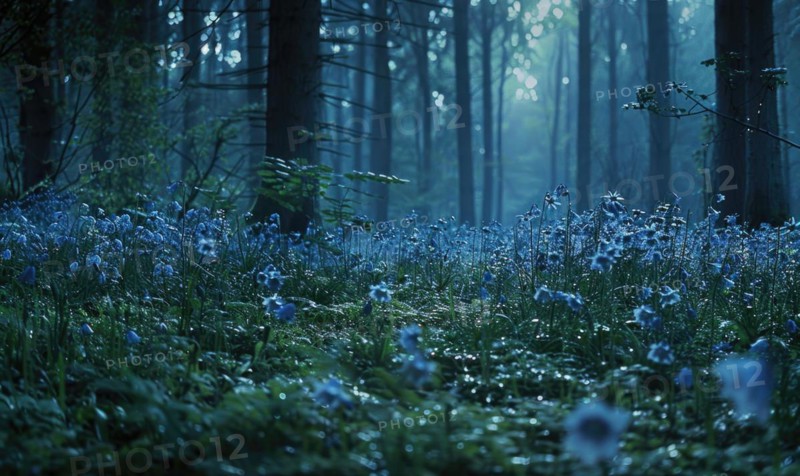 Bellflowers in a woodland clearing, closeup view, selective focus AI generated
