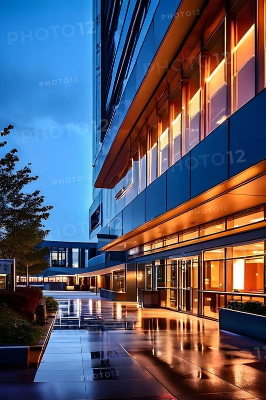 Modern hospitals glass entrance reflecting the morning sunlight, AI generated, modern, architecture