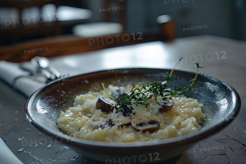 Cozy gourmet dish featuring creamy risotto with mushrooms and a sprinkle of thyme, AI generated