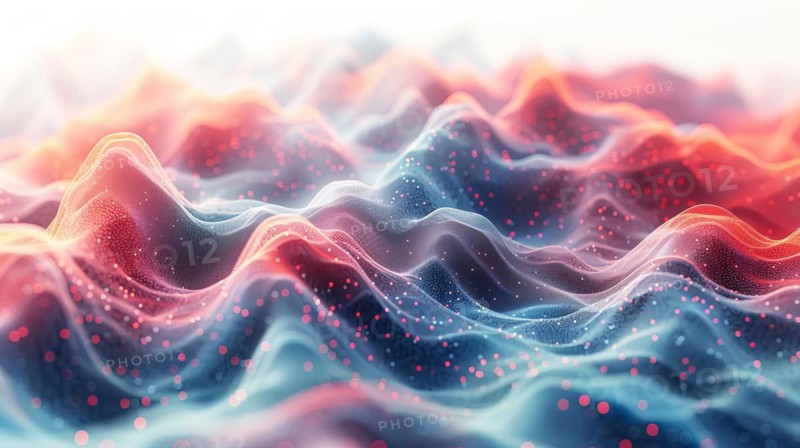3D abstract with blue and pink undulating waves dotted with particles, ai generated, AI generated