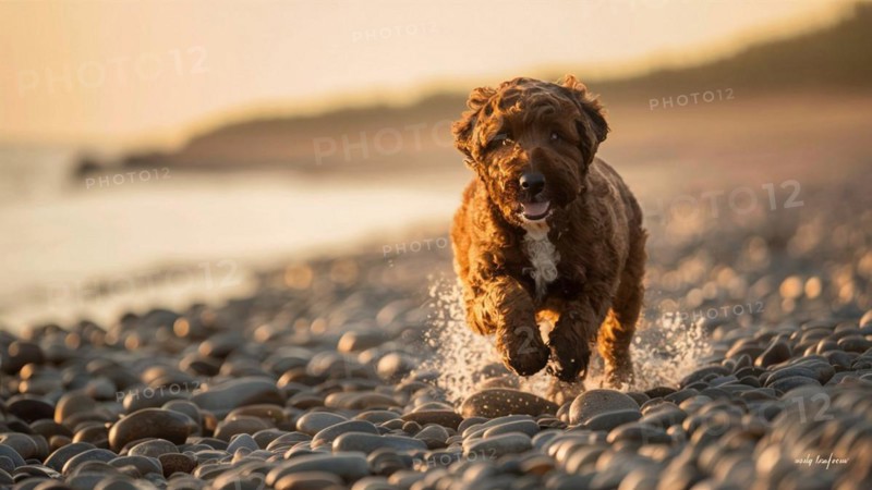 Happy dog running in a curved path on a pebbled beach during golden hour, AI generated