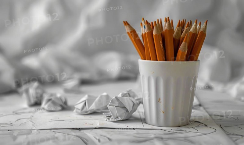 Graphite pencils arranged in a cup on a desk, surrounded by crumpled sheets of discarded white paper AI generated
