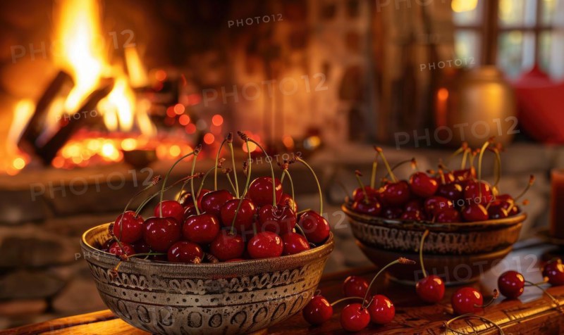 A cozy fireplace adorned with bowls of ripe cherries AI generated