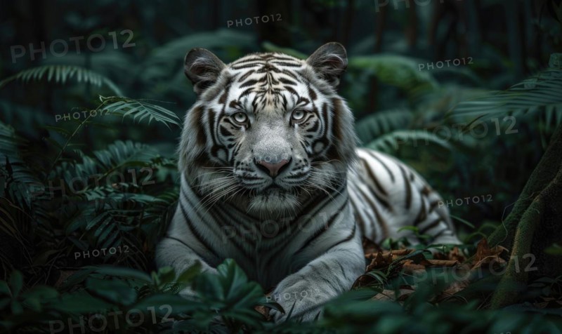 White tiger in green lush closeup portrait AI generated