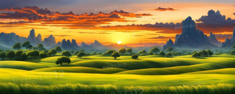 AI generated abstract painting of grasslands under a blazing sunset waves of greens