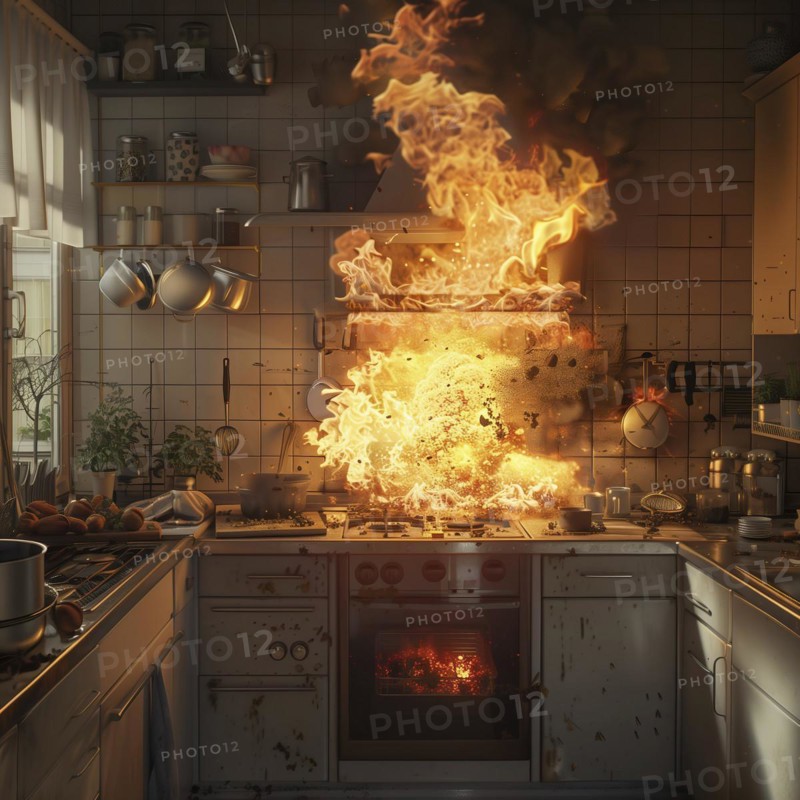 Significant fire in a kitchen with intense flames coming from the oven door, AI generated