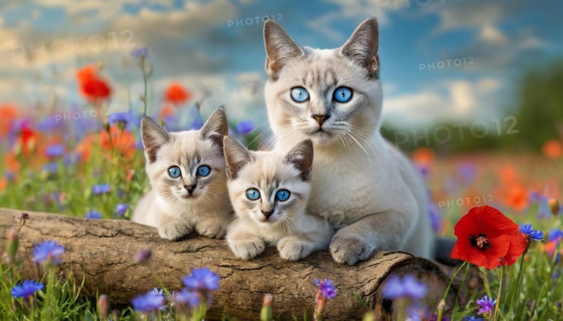KI generated, animal, animals, mammal, mammals, cat, felidae (Felis catus), a cat and two kittens resting on a tree trunk, flower meadow, spring, summer