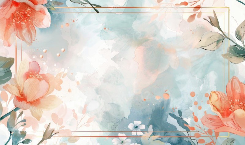 Thin golden frame on watercolor background, space for text AI generated