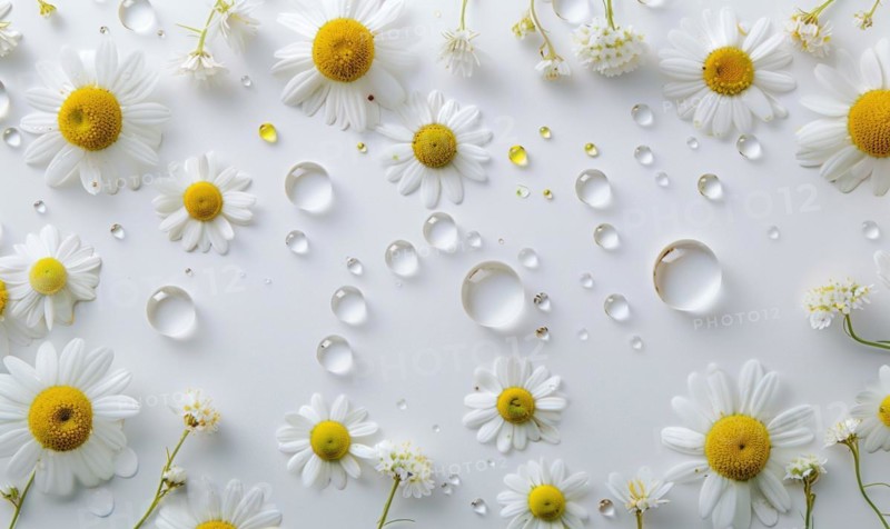 Chamomile essential oil droplets on chamomile flowers, nature beauty background AI generated