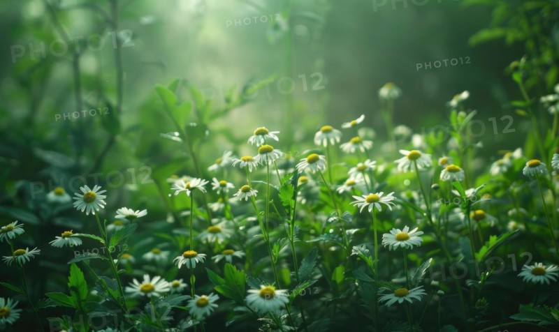 Chamomile plant growing in a garden, spring nature background AI generated