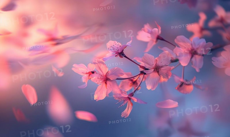 Cherry blossom petals in the breeze, floral background, soft focus, blurred background AI generated