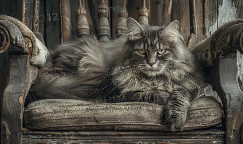 Maine Coon cat perched gracefully on a vintage wooden chair AI generated